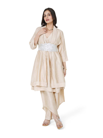 Beige Layered Kurta Set With Rose Belt