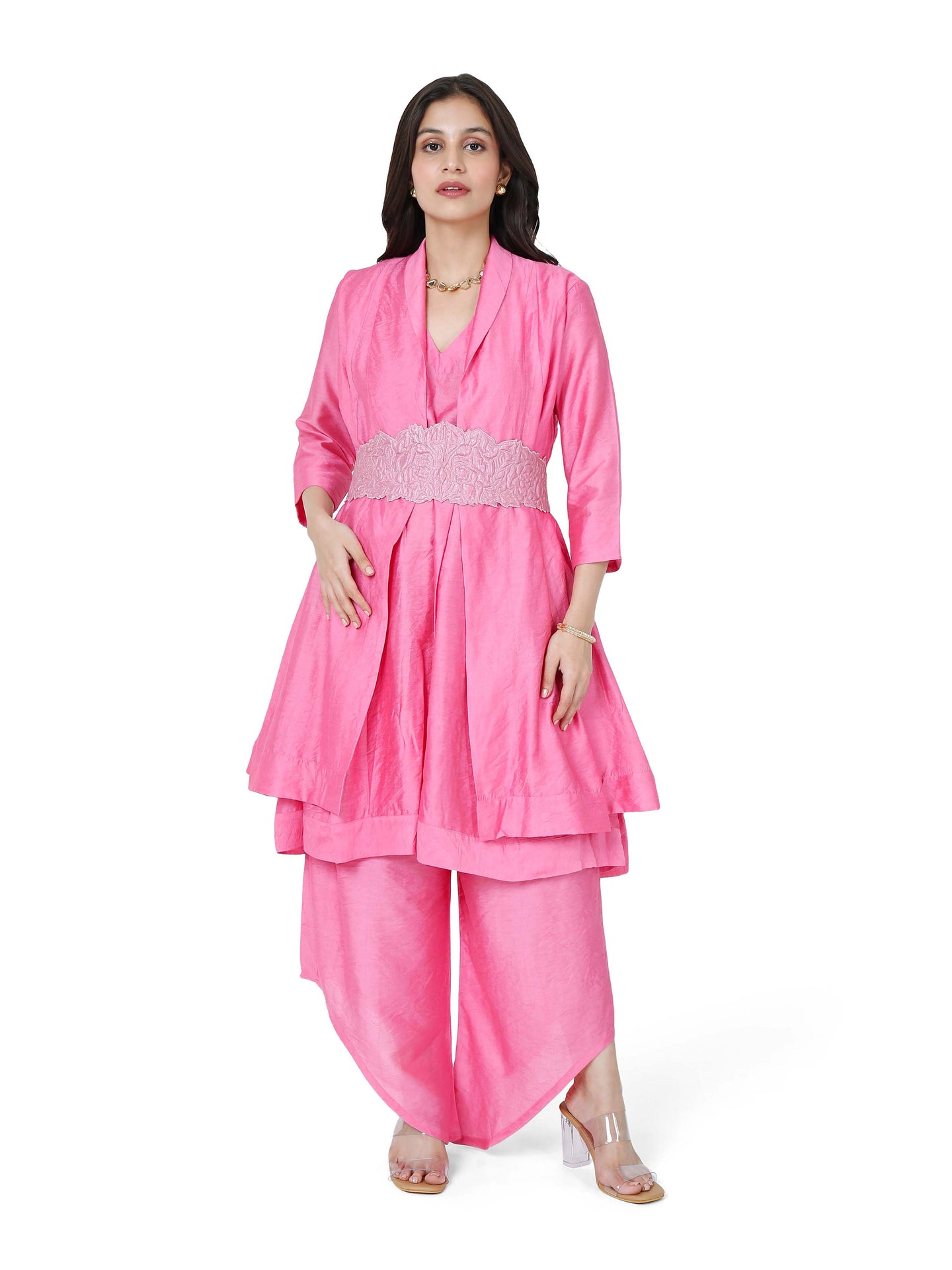 Pink Layered Kurta Set With Rose Belt