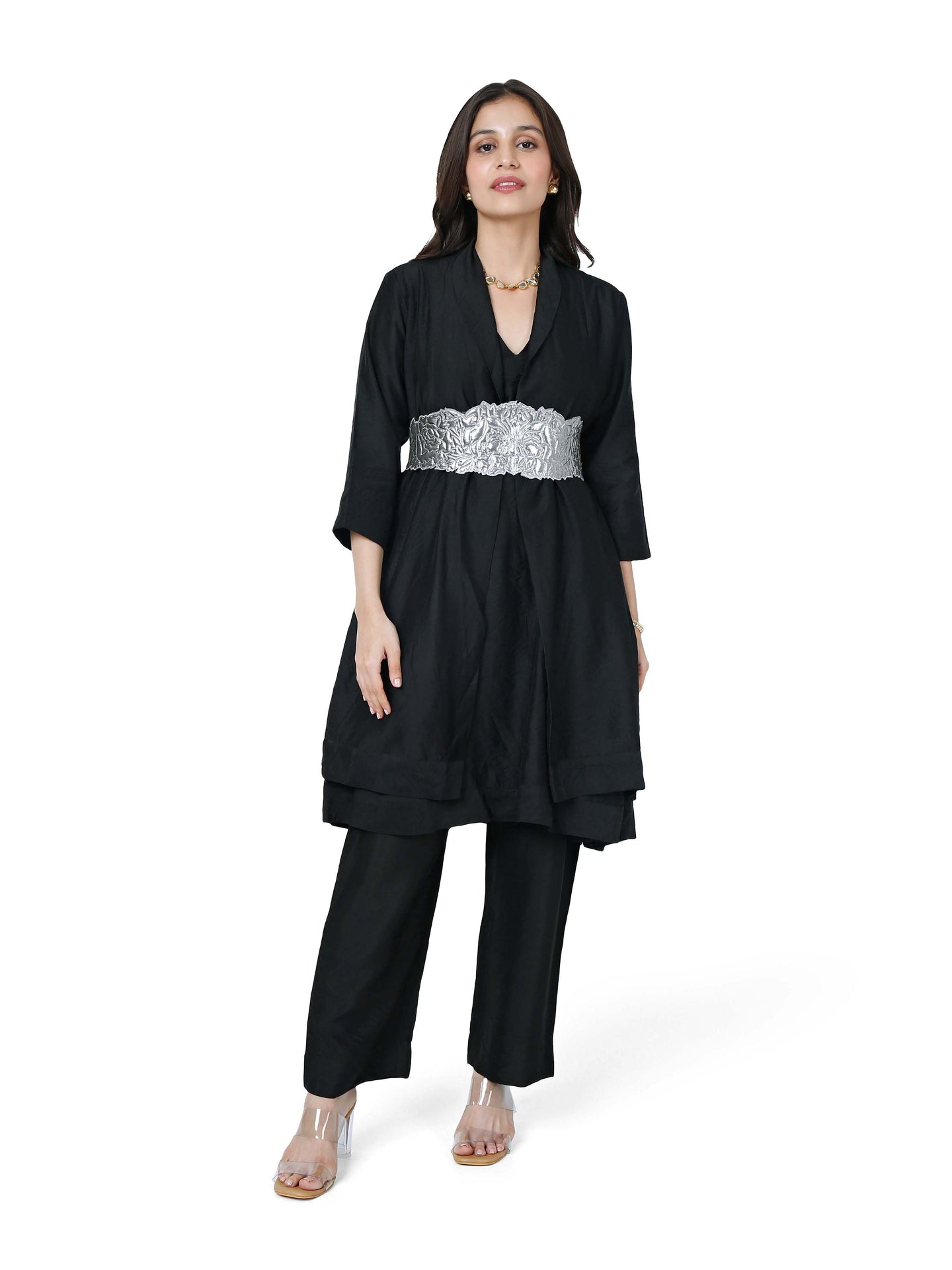 Black Layered Kurta Set With Rose Belt