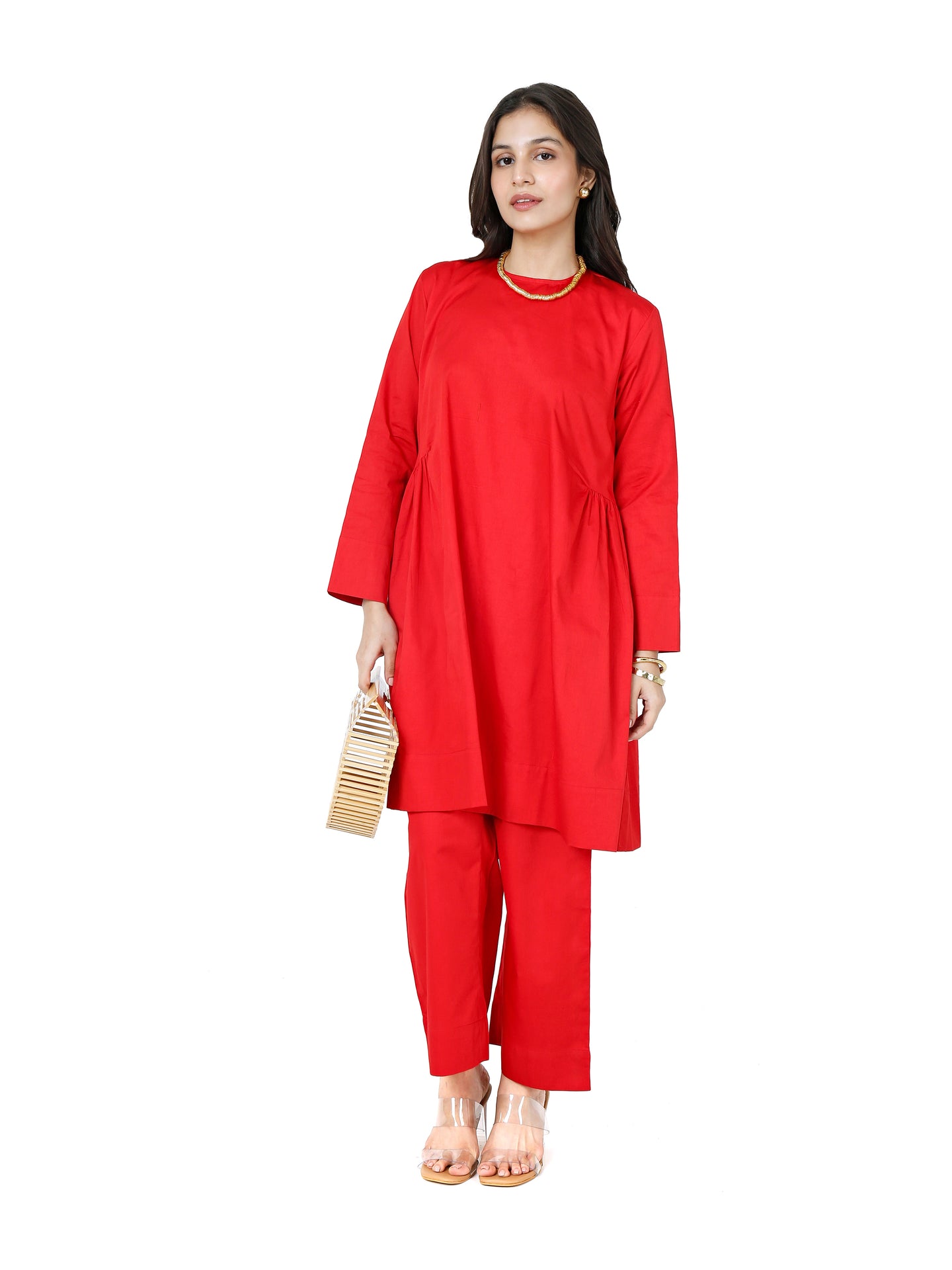 Red Short Kurta With Pant Set