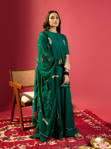 Rama Green Keri Butta Kurta Palazzo With Jaal Dupatta