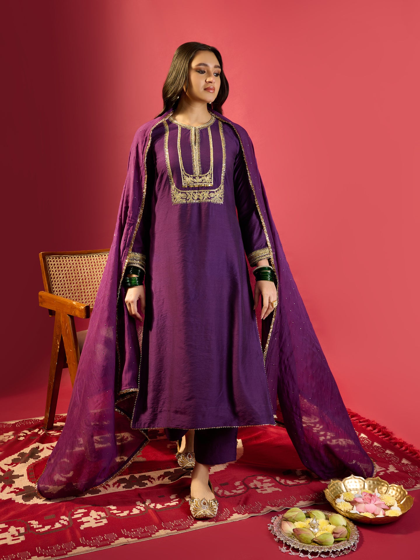 Deep Purple Square Yoke Kurta Set