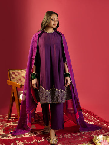 Deep Purple Shoulder Kali Kurta With Pant And Dupatta