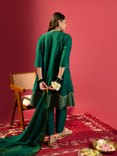 Load image into Gallery viewer, Rama Green Shoulder Kali Kurta With Pant And Dupatta
