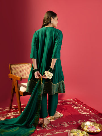 Rama Green Shoulder Kali Kurta With Pant And Dupatta