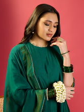 Load image into Gallery viewer, Rama Green Shoulder Kali Kurta With Pant And Dupatta
