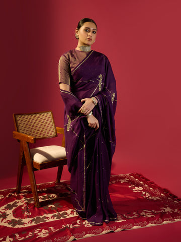 Deep Purple Keri Jaal Saree With Stripe Blouse