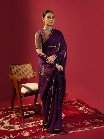 Deep Purple Keri Jaal Saree With Stripe Blouse