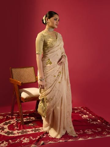 Beige Floral Jaal Saree With Stripe Tissue Blouse