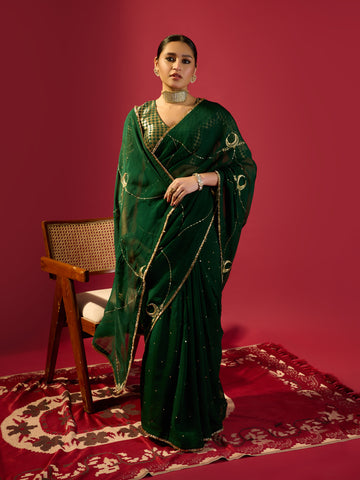 Bottle Green Chand Jaal Saree With Barfi Chand Blouse