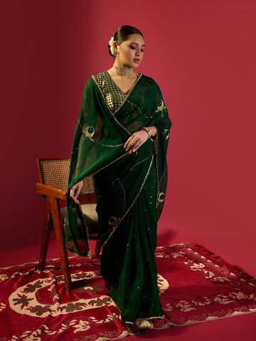 Bottle Green Chand Jaal Saree With Barfi Chand Blouse