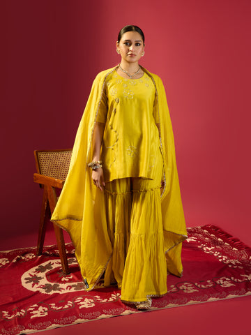 Mustard Short Kurta With Garara Set