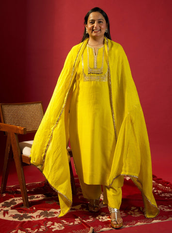 Mustard Square Yoke Kurta Set