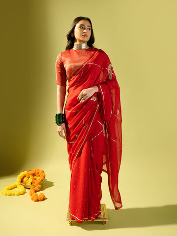 Maroon Keri Jaal Saree With Stripe Blouse