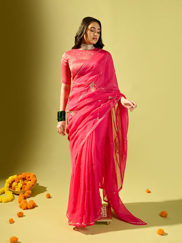 Hot Pink Keri Jaal Saree With Stripe Blouse