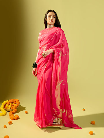 Hot Pink Keri Jaal Saree With Stripe Blouse