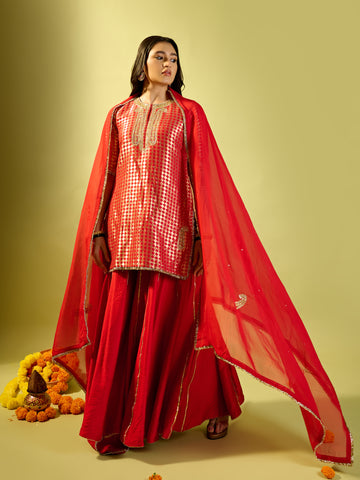 Red Barfi Kurta Palazzo Set