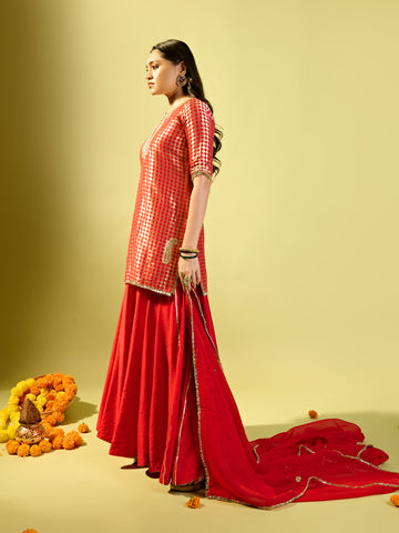 Red Barfi Kurta Palazzo Set