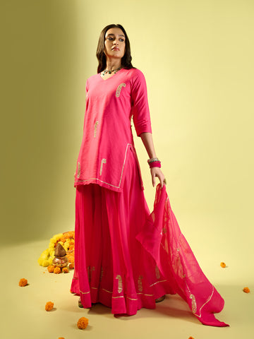 Hot Pink Keri Butta Kurta Palazzo With Jaal Dupatta