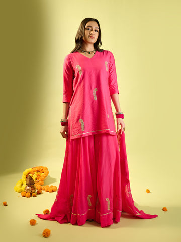 Hot Pink Keri Butta Kurta Palazzo With Jaal Dupatta