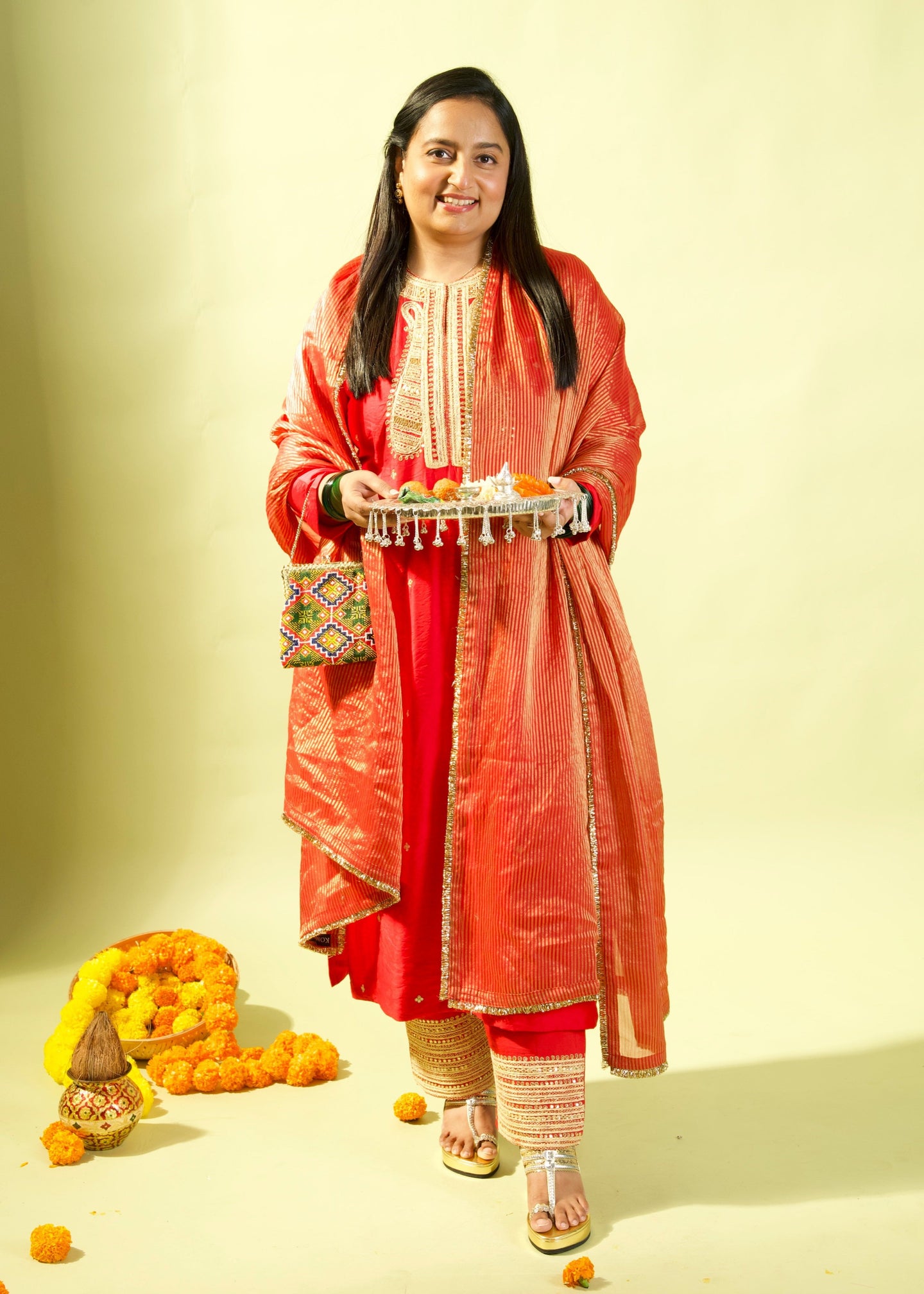 Red Straight Long Kurta Set