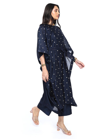 Navy Blue Kaftan Set With Belt