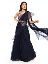 Load image into Gallery viewer, Navy Blue Pre-Draped Saree With Blouse &amp; Belt
