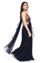 Load image into Gallery viewer, Navy Blue Pre-Draped Saree With Blouse &amp; Belt
