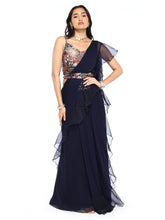 Load image into Gallery viewer, Navy Blue Pre-Draped Saree With Blouse &amp; Belt
