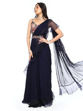 Load image into Gallery viewer, Navy Blue Pre-Draped Saree With Blouse &amp; Belt
