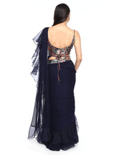 Load image into Gallery viewer, Navy Blue Pre-Draped Saree With Blouse &amp; Belt
