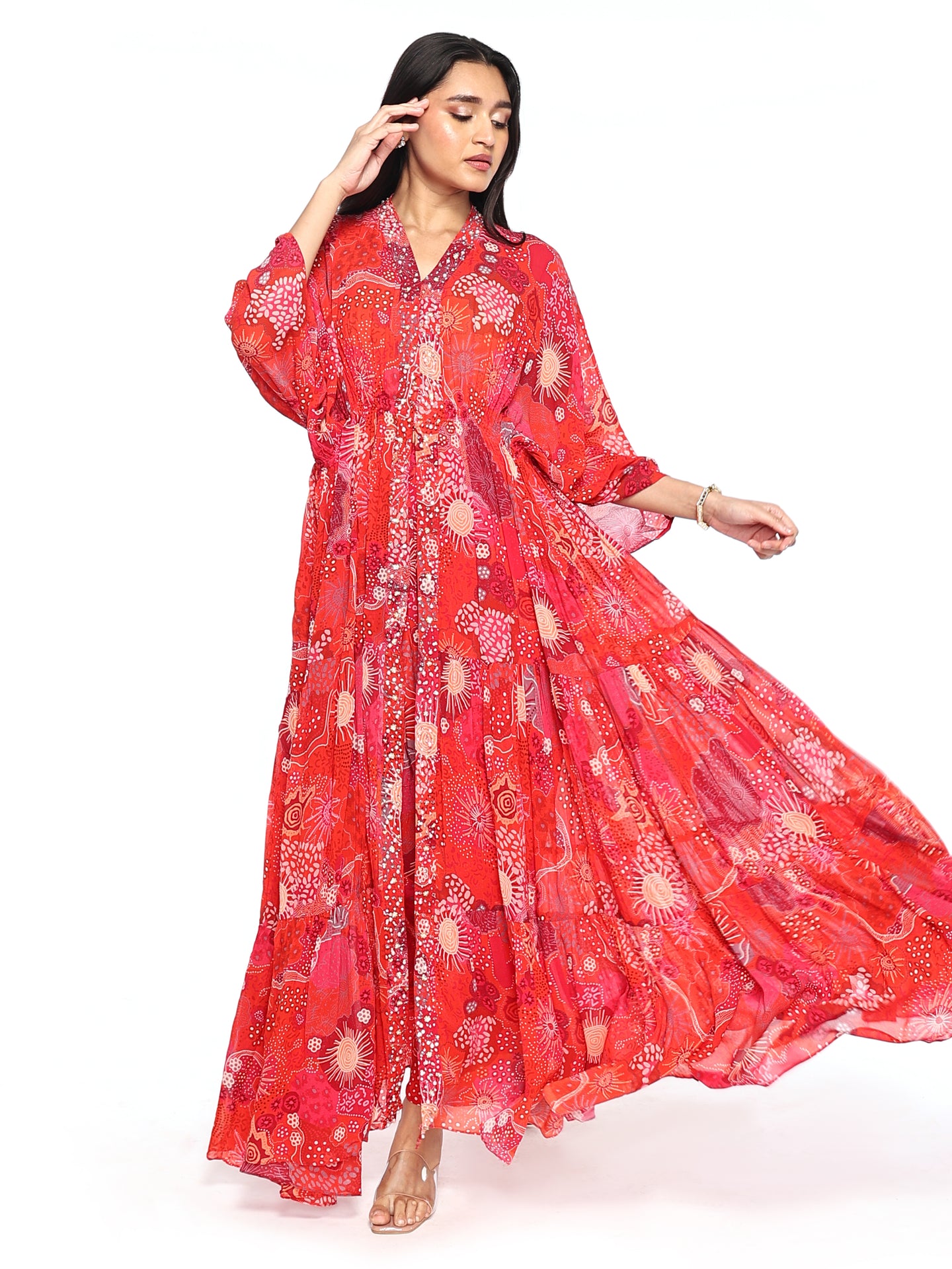 Red Layered Kaftan With Pant