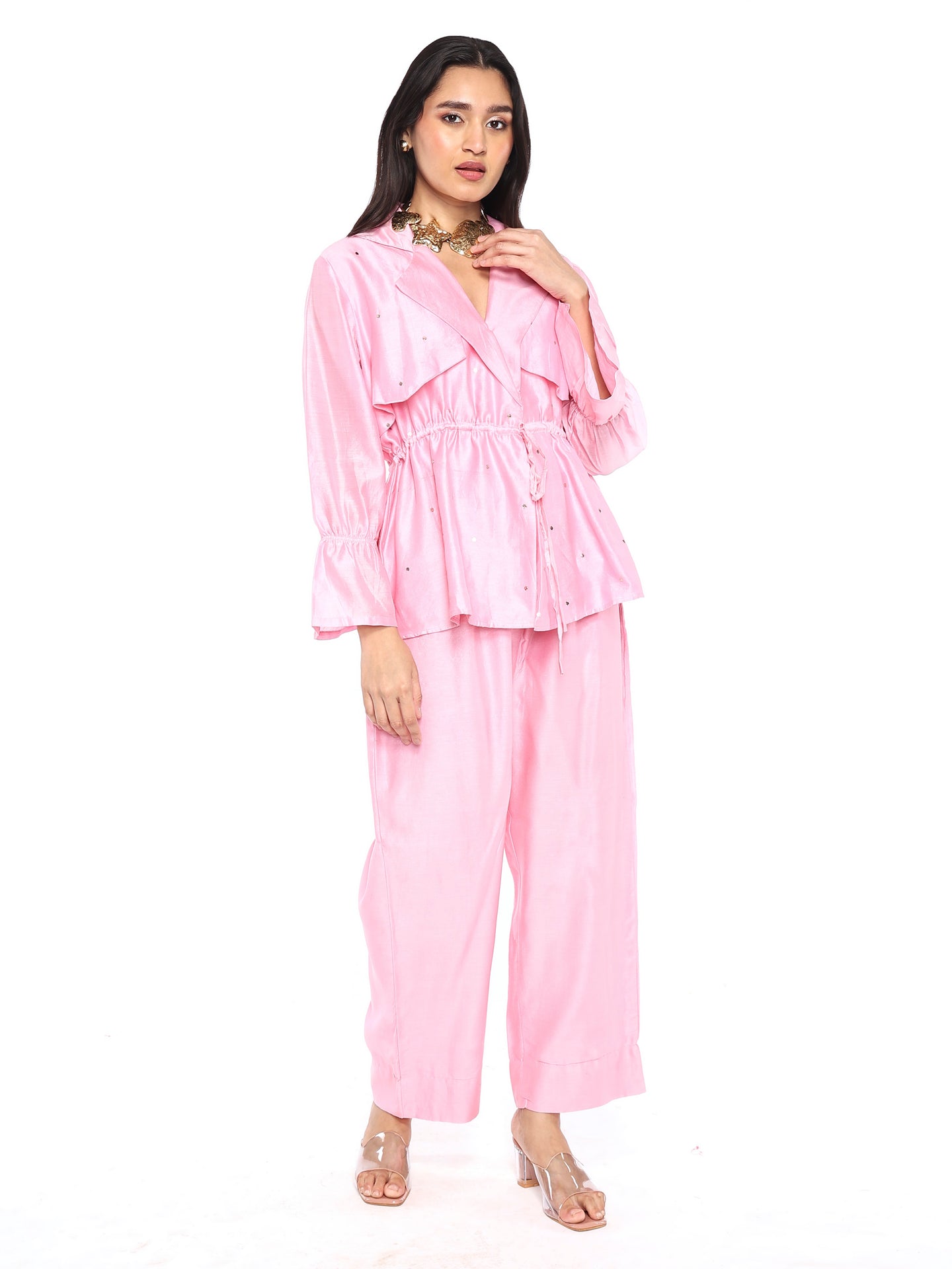 Baby Pink Badla Trench Set