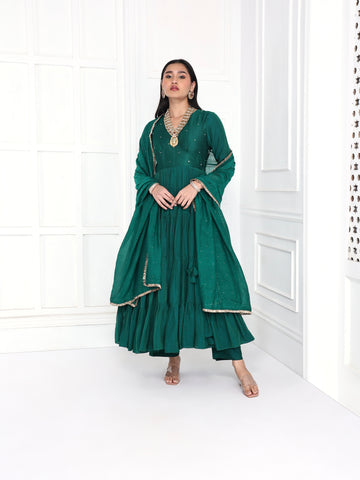 Rama Green Layered Anarkali Set