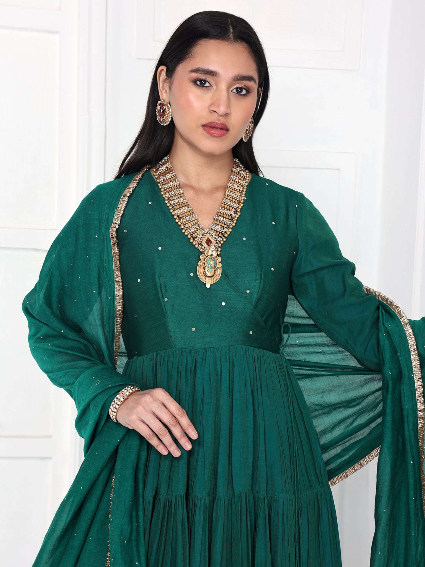 Rama Green Layered Anarkali Set