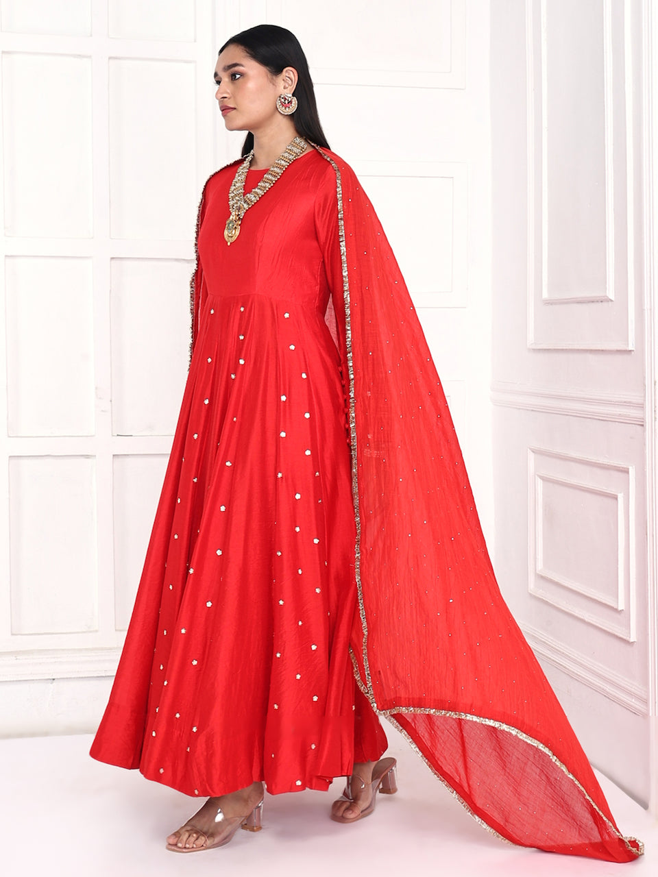 Red Mogra Anarkali Set