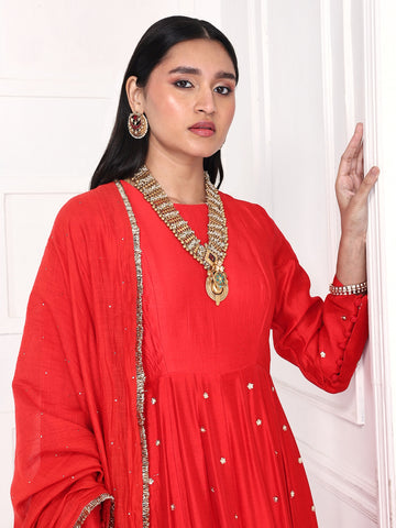 Red Mogra Anarkali Set