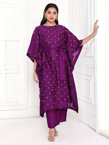 Deep Purple Kaftan Set With Belt