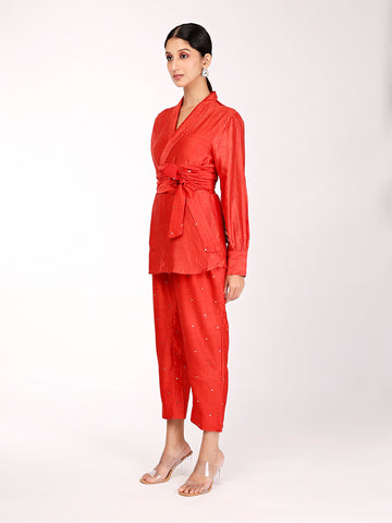 Red Chand Wrap Co-ord Set